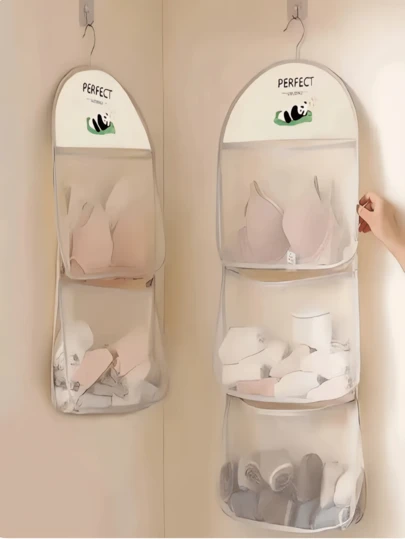 熊猫造型内衣袜挂袋，多功能悬挂收纳袋，便携透气壁挂式收纳盒，适用于浴室、卧室、厨房，配有肩带方便壁挂，米色壁挂式收纳袋
