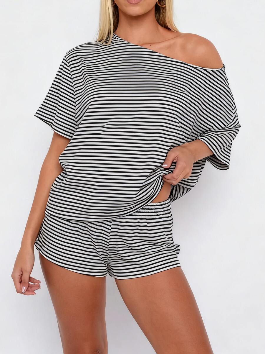 Women Summer Pajama Set Solid Color Off Shoulder Short Sleeve Tops And Mini Shorts 2 Piece Lounge Outfit - Multicolor - View 1