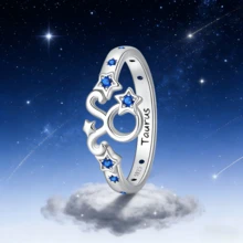 女士金牛座星座星形戒指，925纯银镶嵌蓝色立方氧化锆，开口可调节，星座图案，精致简约的星空饰品，适合日常佩戴或派对礼物 - 藍色 - 查看 3
