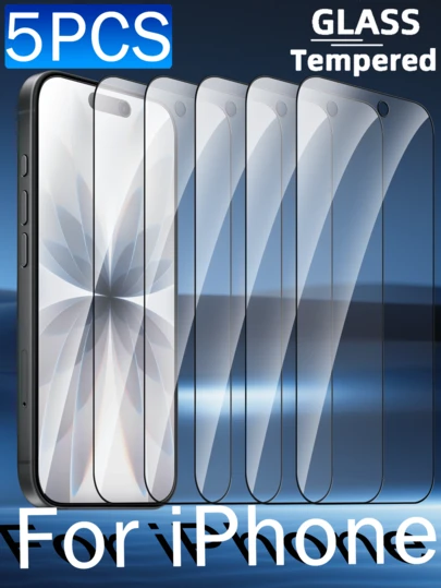 Bộ 5 miếng dán màn hình cường lực 9H viền đen, tương thích với iPhone 17 16 15 14 13 12 11 Pro Max 17e 16e XR XS Max Se2 Se3 8 7 6 Plus - Độ nét cao, chống trầy xước, chống bám vân tay, không bọt khí