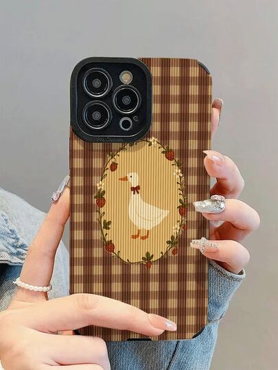 1个新款时尚优雅棕色格子鸭子图案防震真皮手机壳，日常必备保护，时尚设计，适合作为礼物送给亲朋好友，兼容 17/17Air/17Pro/17ProMax/ 16/16Plus/16Pro/16ProMax/ 15/15Plus/15Pro/15ProMax/ 14/14Plus/14Pro/14ProMax/ 13/13Pro/13ProMax/ 12/12Pro/12ProMax/ 11/ 11Pro/11ProMax