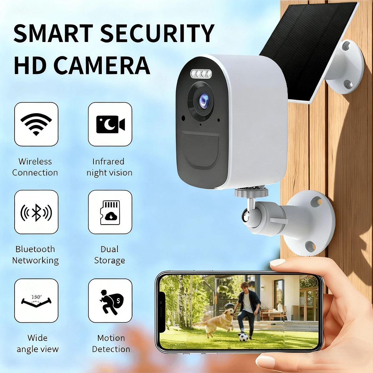 1个4MP/2K超高清太阳能无线户外安防摄像头，支持双向语音和2.4G/5G WiFi，AI移动侦测，5000mAh大容量电池，彩色夜视，APP控制，报警推送通知，适用于户外、街道、商场和家庭智能监控。