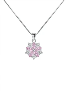 S925 Sterling Silver Sakura Flower Earrings & Necklace Set, Cubic Zirconia Inlaid Delicate Jewelry Gift Box - Multicolor - View 6