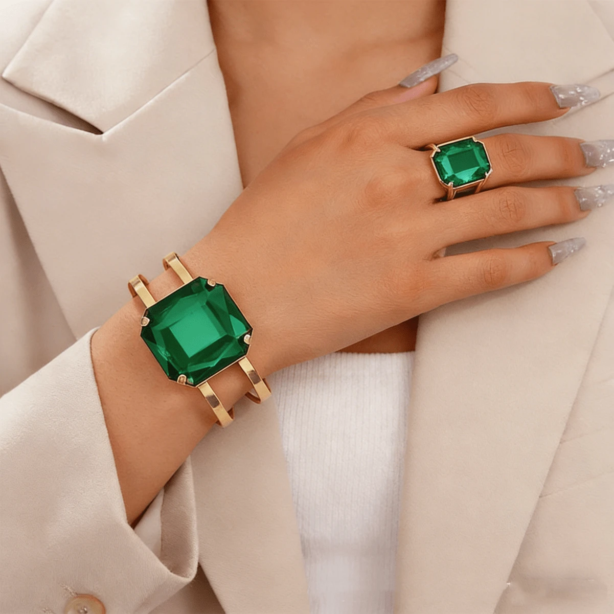 Bộ 2 chiếc vòng tay và nhẫn cao cấp, thiết kế độc đáo, đính đá giả ruby và emerald hình học, có thể điều chỉnh kích thước, thích hợp cho tiệc tùng, đi làm hoặc các buổi gặp gỡ. - hình học - Xem 1