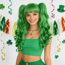 Tóc giả dài hai tông màu, kiểu ombre xanh nâu/toàn xanh, lọn tóc xoăn lớn, lý tưởng cho ngày lễ Thánh Patrick, Comic Con và trang phục hàng ngày. - Nhiều màu - Xem 8