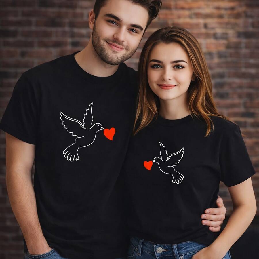 Camiseta con estampado de palomas y corazones a juego para parejas, camisetas blancas, conjuntos para parejas, regalos para el Día de San Valentín, uso diario, regalos de cumpleaños, regalos de Halloween, o como camiseta conmemorativa para amigos o seres queridos. También adecuada como suéter. Entrega rápida. - Hombre Oscuro - Ver 1