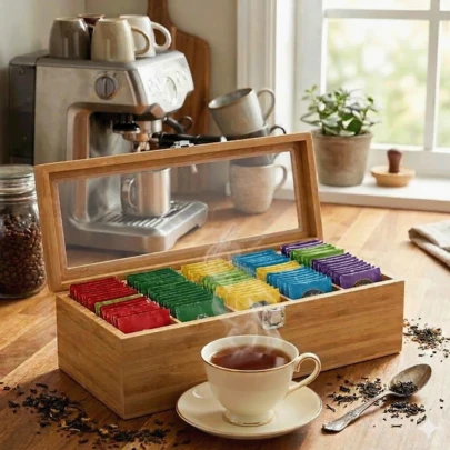 صندوق تخزين الشاي من الخيزران 5 شبكات، يمكن تخزين أكياس الشاي والملحقات، منظم البهارات وكبسولات القهوة، هدية عيد الميلاد