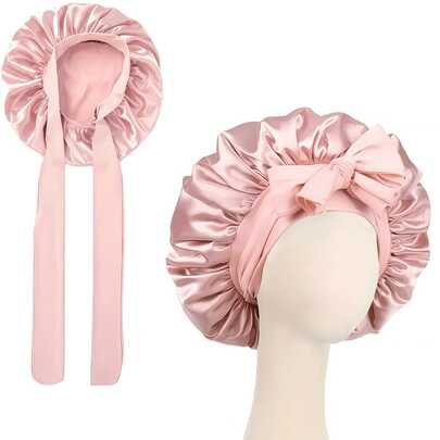 [Pink Satin Bonnet] Soft Luxurious Pink Satin Bonnet - Adjustable Tie Band & Bow Accent, Comfortable Ruffled Design For A Snug Fit, Hair Protection | Satin Cap | Smooth Satin Finish For Women & Men