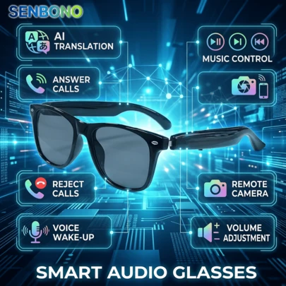  Gafas inteligentes SENBONO 2026 nuevas con llamada inalámbrica, responder/rechazar llamada, control de música, control de volumen, activación por voz, fotografía con control remoto, traducción de IA, micrófono incorporado, gafas de audio inteligentes para hombres y mujeres