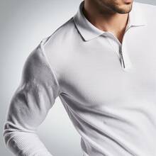 Men's Ribbed Long-Sleeve Polo Shirt With Zipper, Premium Knit - 白色 - 查看 2
