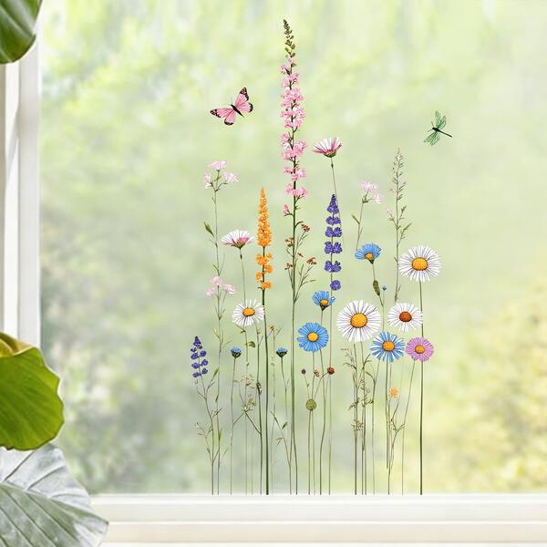 Pegatinas electrostáticas de flores silvestres y insectos de colores, sin pegamento y reutilizables, pegatinas de decoración del hogar con estética bohemia, adecuadas para salas de estar, dormitorios, cocinas y oficinas, impresión UV de 3 capas, visibilidad de doble cara.