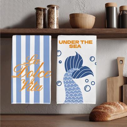 2pcs Summer Minimalist Cartoon Mermaid Tail Pattern Kitchen Towels, Soft Polyester Material Dish Cloths, Suitable For Kitchen Decor, Cleaning, Holiday Party Decoration, Kitchen & Bathroom Essentials, Home Decor, Housewarming Gift