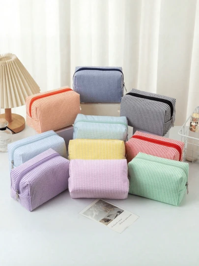 1pc Striped Women's Cosmetic Bag, Polka Dot Striped Zipper Storage Pouch, Travel Toiletry Bag, Women's Makeup Organizer Bag, Back To School Bag, Travel Storage Bag, Beach & Summer Vacation Bag, Student Makeup Bag