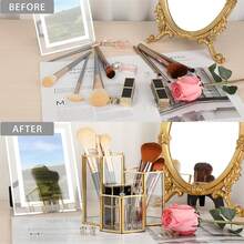 1 buah Kotak Penyimpanan Perhiasan Kaca, Wadah Penyimpanan Kombinasi Heksagonal, Tempat Kuas Makeup Serbaguna, Tempat Pena Kaca Dekorasi Meja, Tempat Kuas Makeup Dekoratif Logam Kreatif Multifungsi untuk Meja - Emas - View 3