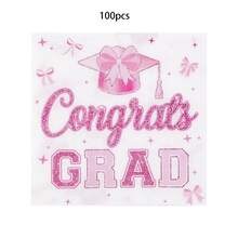 20张/40张/100张白色背景粉色蝴蝶结毕业派对餐巾纸，一次性毕业祝贺餐巾纸，男女皆宜。 - 白底 - 查看 8