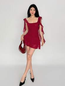 Vestido Rojo Sin Mangas Con Cuello Halter Y Ribete De Volantes De Primavera - Rojo - Ver 4