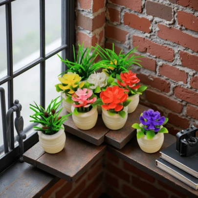 娃娃屋迷你植物模型盆栽、微景观盆栽、户外人造花卉盆栽、人造绿植、迷你绿植盆栽、娃娃屋装饰配件、微场景摄影道具、人造小型盆栽微景观装饰