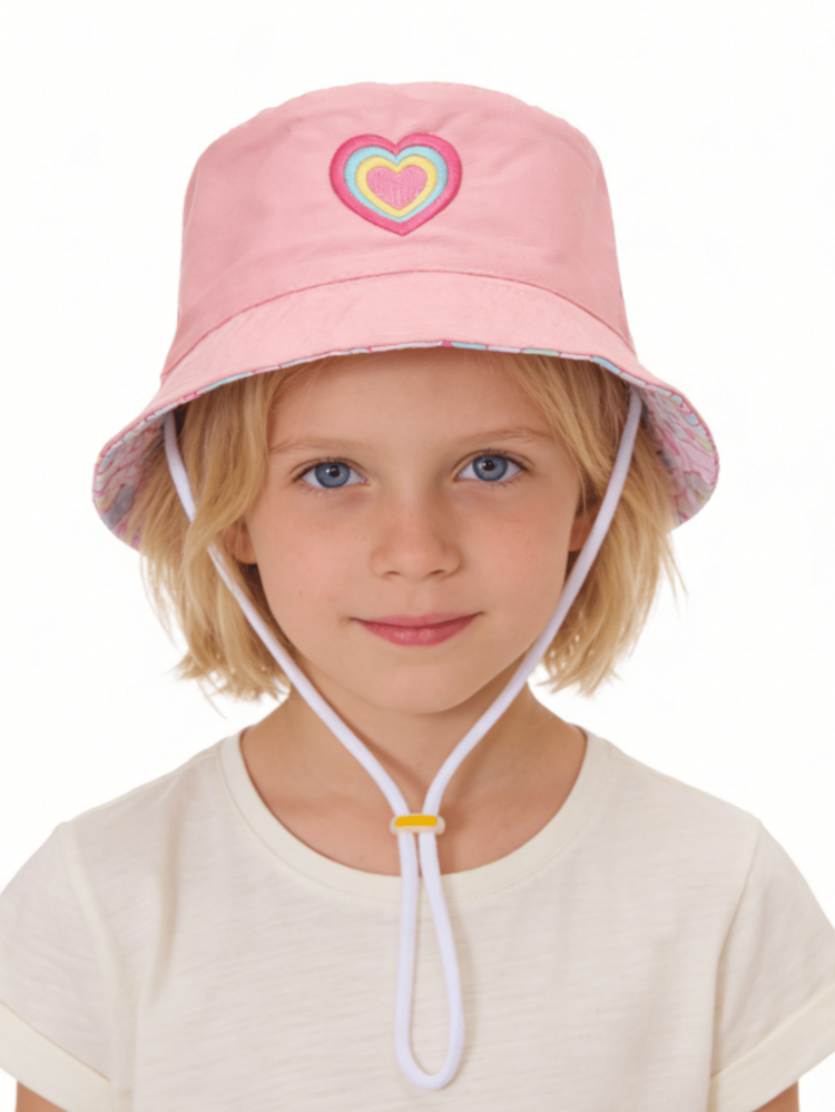 Children's Rainbow Heart Embroidered Bucket Hat, Minimalist Versatile Sun Protection, Spring/Summer - 1PC - View 5