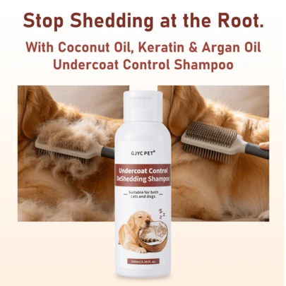 GJYC PET Deshedding Shampoo For Dogs & Cats – With Coconut Oil, Argan Oil & Keratin – Reduces Shedding By Removing Loose Undercoat Fur, Chamomile & Licorice Root Formula Soothes Sensitive Skin – PH Balanced Pet Grooming Essential, 3.38 Fl Oz