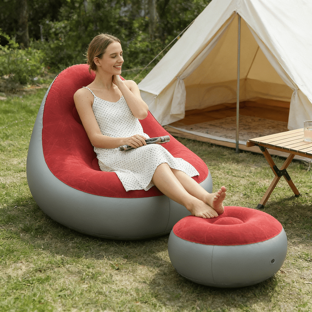 Ghế thư giãn bơm hơi kiểu mộc mạc kèm đôn - Ghế sofa không tay vịn bằng nhựa và vải nhung, đế chống trượt với lớp phủ nhung thân thiện với da, đồ nội thất đa năng trong nhà/ngoài trời, có nhiều màu sắc để lựa chọn (Không bao gồm bơm) - Nhiều màu - Xem 3