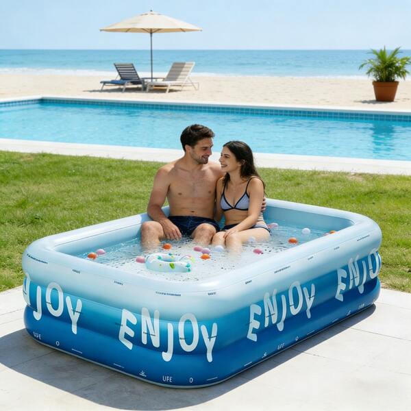 1 pieza Piscina inflable de 3 capas de varios tamaños, azul glaciar y blanco, diseño plegable resistente al desgaste, anti-explosión y a prueba de fugas, adecuado para adultos y niños, piscina de agua grande para exteriores