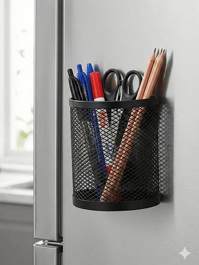 1pc Stainless Steel Mesh Magnetic Pen Holder, Black Metal Writing Supplies Organizer Rack Suitable For Whiteboard, Blackboard, Kitchen Cabinet, Home Or Office Refrigerator