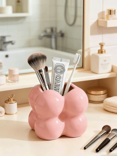 1 件装高端甜甜圈造型北欧风浴室梳妆台刷架，化妆刷收纳架，梳子架，粉刷收纳盒，高性价比多功能笔筒装饰设计，大容量，适用于办公室、家居装饰和储物空间。
