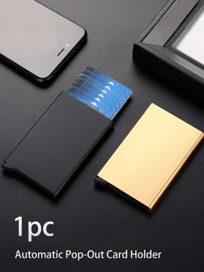 自动弹出式卡套，卡片弹出器，多卡位超薄简约卡套，防刮防盗信用卡收纳包，经久耐用，耐腐蚀，小巧轻便，男女通用，可收纳身份证、银行卡、名片。轻轻拨动底部弹簧即可弹出卡片。适合作为生日礼物、节日纪念品、父亲节礼物、旅行收纳包、婚礼配饰、返校/毕业礼物。