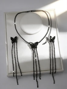 Elegante conjunto de joyería con mariposa, borla y cristal, collar + pendientes largos colgantes, accesorios de lujo para fiestas - Negro - Ver 5