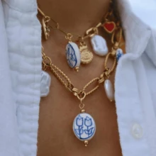 Handpainted Blue Lotus Ceramic Beaded Bohemian Style Shell Layered Necklace, Gold Chain With Baroque Pearl Heart Pendant, Summer Beach Vibe Jewelry For Women - Gold - View 8