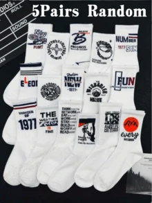 5 Pairs Random Letter & Number Print White Crew Socks, Fashionable Unisex Sports Socks - White - View 4