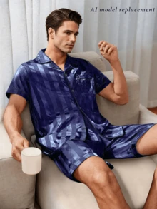 Men's Satin Pajama Set, Novelty Gift, Lightweight Breathable Quick-Dry Comfortable Fabric, Gift For Friends/Partner/Lover, Party/Birthday Present - Blue - View 7