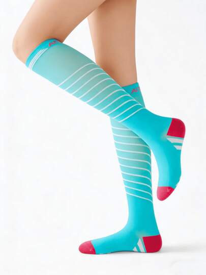 1 Pair Light Blue Compression Socks, Comfortable For Hiking, Fitness, Suitable For All Seasons