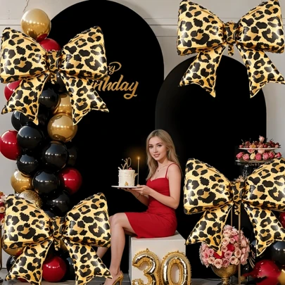 38.58 Inch Jumbo Leopard Print Bow Foil Balloon, Leopard Print Pattern With Bow Design, Suitable For Wedding Season, Birthday Party, Anniversary And Bachelorette Party Decoration