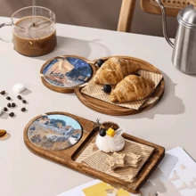 1 pieza Bandeja de fotografía creativa de postres, plato individual para merienda de té de la tarde, bandeja de exhibición de pan de madera de acacia - Marrón - Ver 3