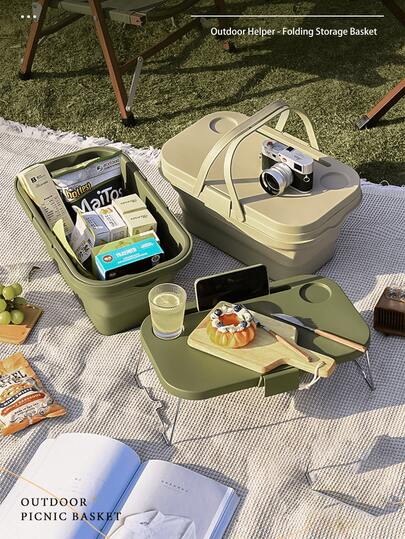 Spring Picnic/Outdoor Camping Essential! This Minimalist Foldable Storage Basket Is Made Of Durable Plastic And Metal Frame, With A Multi-Functional Handle. The Solid Color Design And Medium Capacity Are Perfect For Storing Snacks And Beverages. It Also Comes With A Foldable Small Tabletop, Making It The Perfect Tool For Outdoor Leisure.