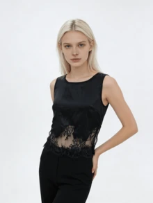 Women's Black Lace Satin Sleeveless Crop Top  Soft Silky Halter Tank For Party  Date Night - 黑色 - 查看 2