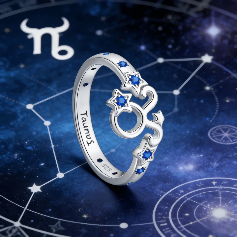 女士金牛座星座星形戒指，925纯银镶嵌蓝色立方氧化锆，开口可调节，星座图案，精致简约的星空饰品，适合日常佩戴或派对礼物 - 藍色 - 查看 1