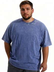 Men's Plus-Size T-Shirt Set, Washed T-Shirt, Y2K Style, Street Style, Suitable For Shopping, Summer Regular Fit, Easter, Christmas, Thanksgiving Day. - Blue - View 1