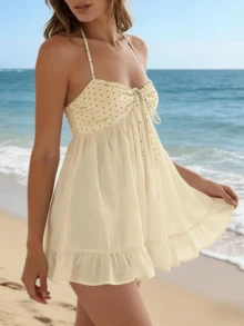 Women's Summer Dot Print Cami Dress White Sleeveless Ruffle Trim Herm Tie Up Beach Dress - Màu vàng - Xem 2