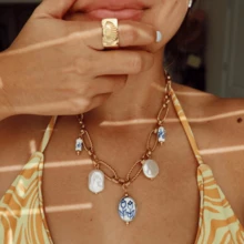 Handpainted Blue Lotus Ceramic Beaded Bohemian Style Shell Layered Necklace, Gold Chain With Baroque Pearl Heart Pendant, Summer Beach Vibe Jewelry For Women - Gold - View 7