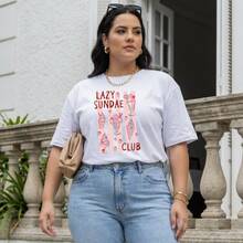 Women's Plus Size Cotton T-Shirt Spring Comfort Basic Elegant Casual "LAZY SUNDAE CLUB" - 白色 - 查看 1