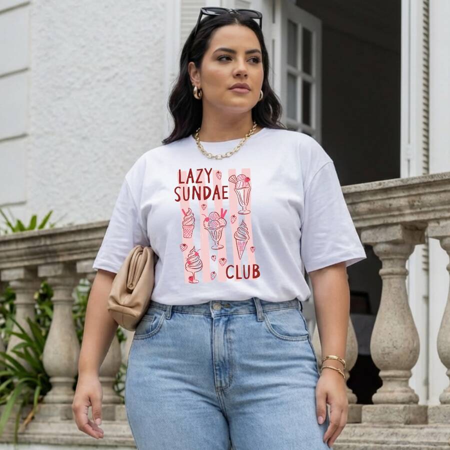 Women's Plus Size Cotton T-Shirt Spring Comfort Basic Elegant Casual "LAZY SUNDAE CLUB" - 白色 - 查看 1