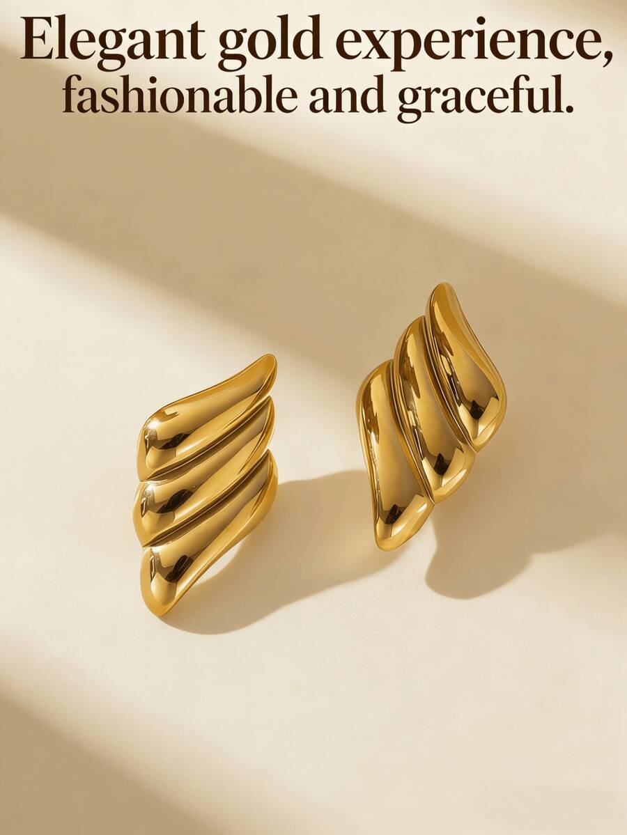 Boucles d'oreilles élégantes pour femmes, design de niche mode européenne et américaine, plaqué or 18 carats en acier inoxydable, boucles d'oreilles géométriques élégantes à trois couches en forme d'aile, boucles d'oreilles en acier inoxydable, accessoires pour femmes. - Multicolore - Voir 1