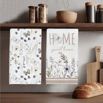 2pcs Minimalist Floral & Butterfly "Sweet Home" Pattern Kitchen Towels, Soft Polyester Material Dish Cloths, Suitable For Kitchen Decor, Cleaning, Holiday Party Decoration, Kitchen & Bathroom Essentials, Home Decor, Housewarming Gift