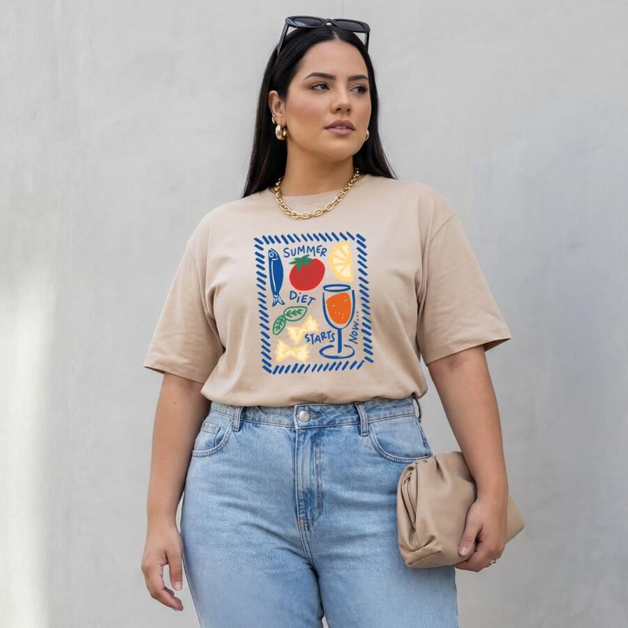 Women's Plus Size Cotton T-Shirt Spring Comfort Basic Elegant Casual "SUMMER, DIET, STARTS" - 米色 - 查看 1