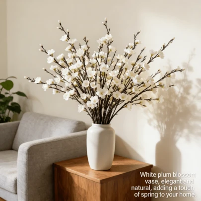 50 flores = 5 tallos de flores de ciruelo blancas artificiales de tallo largo - Flores de ciruelo blancas de plástico realistas, aptas para decoración interior/exterior, perfectas para el hogar, la oficina, bodas y fiestas, ideales para decoración de mesas, comedores y jardines, apariencia natural.