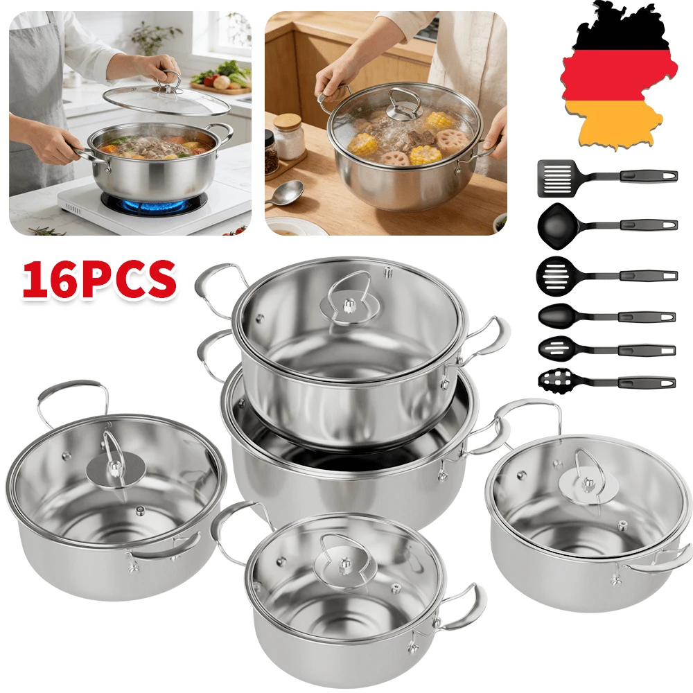16tlg Topfset Kochset TSuppentopf Kochtopf-Set mit Deckel Induktion16-24cm - Übersicht 1