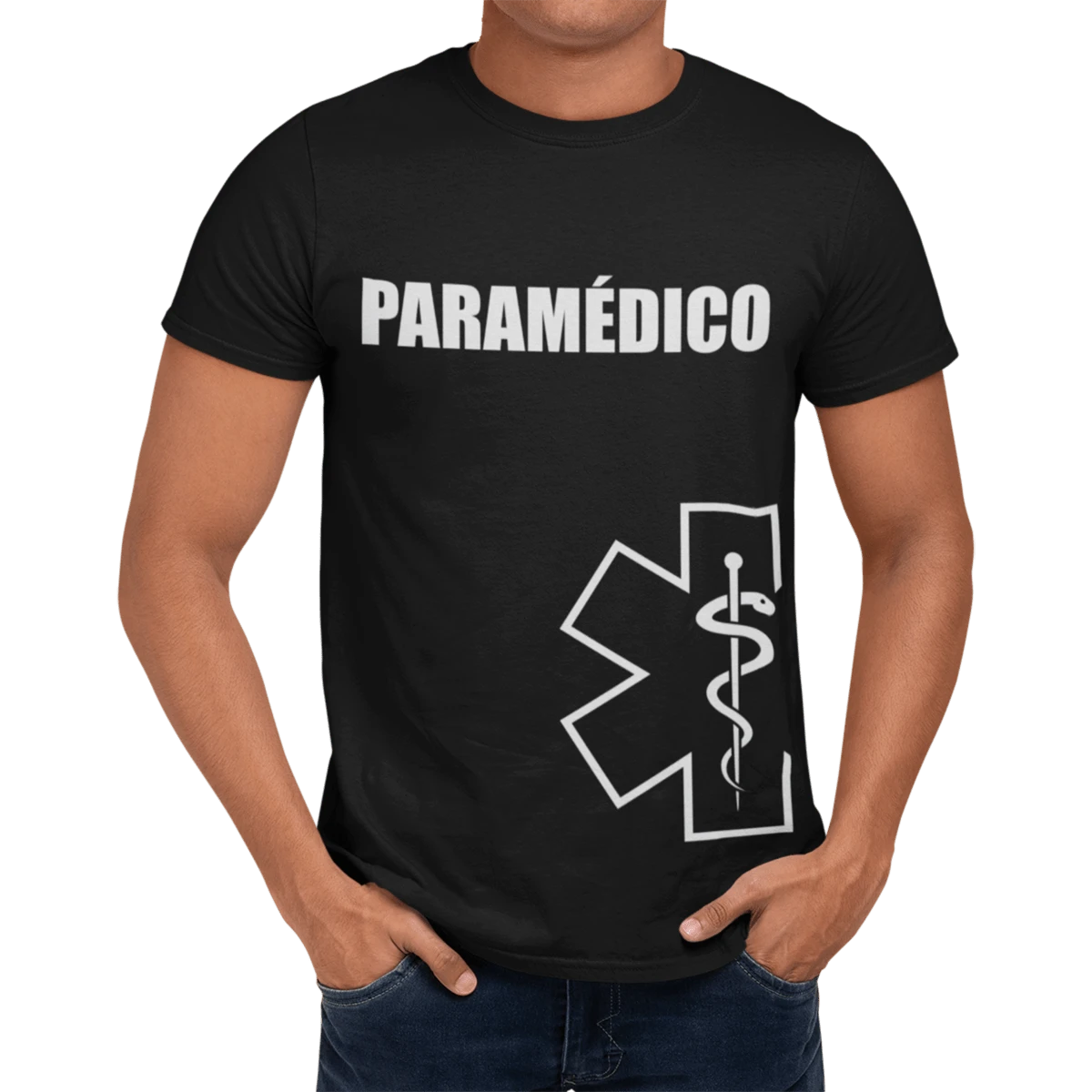 Playera manga corta de algodón, camiseta de hombre para paramédico con estrella de vida - Negro - Ver 1