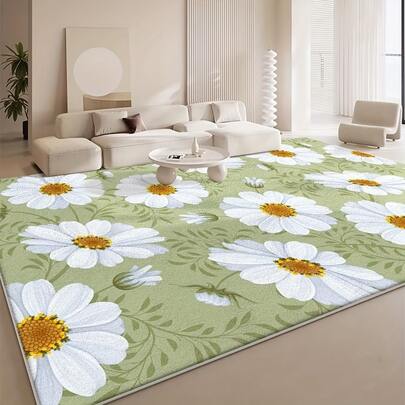 1件装雏菊图案绒毛地毯，厚绒面料，柔软蓬松，适用于客厅、卧室、秋冬季节，可水洗